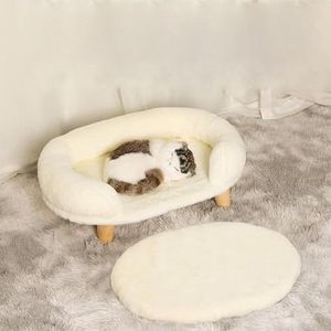 Verhoogd huisdierbed, kattenhondkrukbed met stevige houten poten, huisdierstoel, pluchen huisdierbed, ronde warme knuffelkennel, zachte puppybank voor kleine hondenkittens, reliëf,Wit,L