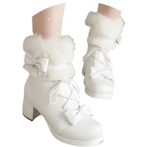 Dames Platform Veterlaarzen Elegante Enkellaarzen Met Strikken Lolita Cosplay Enkellaarzen Gothic PU-leer Bikerlaarzen Vrije Tijd Enkelschoenen for Outdoor, Feest(White,37 EU)