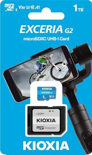 KIOXIA EXCERIA G2 1TB microSD-geheugenkaart met adapter - UHS-snelheidsklasse 3, videosnelheidsklasse 30, schrijfsnelheid tot 50 MB/s (blauw)