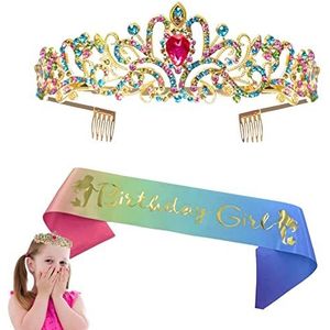 Verjaardagskroon en sjerp | Verjaardagskronen met regenbooggradiënt voor vrouwen,Verjaardag Decoratie Kit Glitter Hoofdband voor Meisje Haaraccessoires voor Feest Joberio