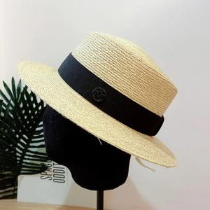 Elegante brede rand schippershoed zomer raffia hoed dames stro zonnehoed platte stro fedoras derby met verwisselbare gekleurde banden(Size:Natural-Black)