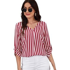 dames topjes Casual Gestreept Blouse Knoop (Color : Red and White, Size : Small)