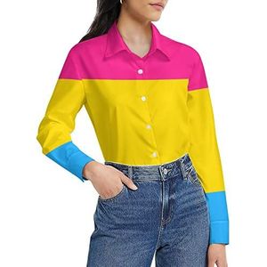 Pansexual Pride Flag damesshirt met lange mouwen en knoopsluiting, casual werkshirts, tops, 2XL
