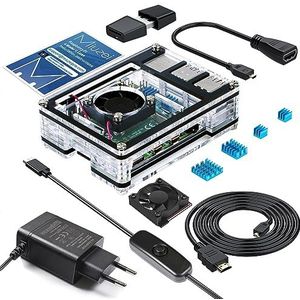Miuzie Behuizing voor Raspberry Pi 4 Met Ventilator, 3A USB-C Voeding, Micro-HDMI-Kabel, Adapterkabel, Koellichamen en USB-Kaartlezer