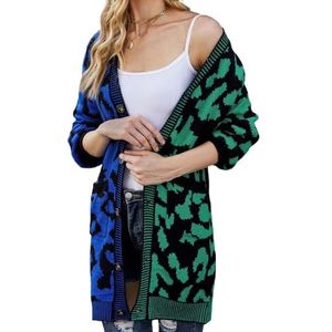 Dames Lange Mouwen Truien Zacht Gebreid Luipaard Open Voorkant Lange Mouw Cardigan Buitenkleding(Green,M)