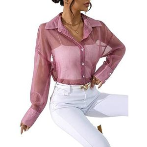 dames topjes Verlaagd schouderoverhemd met knoopsluiting aan de voorkant zonder cami-topje (Color : Rosa, Size : Small)