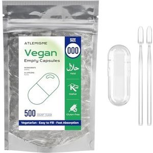 ATLEMISME Lege plantaardige capsules Maat 000 - Pak van 500 - Gelatinevrij, ideaal voor voedingssupplementen en poeders - Gemakkelijk vullend en snel oplossend