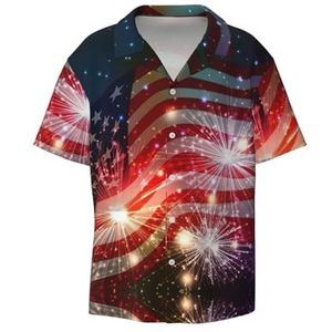 TyEdee Fireworks Amerikaanse vlag print heren korte mouw overhemden met zak casual button down shirts business shirt, Zwart, 4XL
