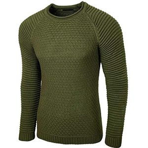 Baxboy Gebreide trui heren Two Tone ronde hals pullover grof gebreid B-8056, Kaki, XL