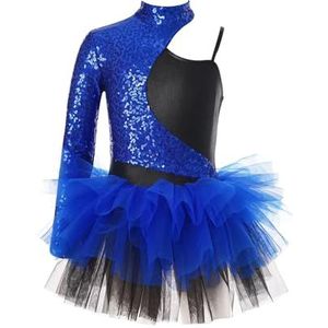 Gymnastiekpak voor meisjes, jazzdanskleding voor kinderen, gymnastiekpak met glanzende pailletten, asymmetrische mouwen, tule danskleding voor podiumoptredens (BL