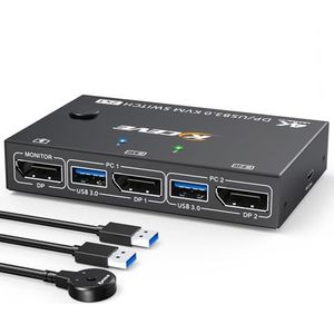 USB 3.0 KVM Switch Displayport 2 poorten 4K@144Hz, ESKEVE KVM Switch 2 pc 1 monitor 8K@30Hz voor 2 pc's Deel 1 monitor en 4 USB3.0-apparaten. Met USB-kabel en desktopcontroller