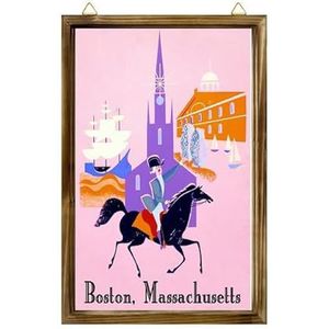 Boerderij ingelijst houten bord Boston Massachusetts Verenigde Staten Amerika Vintage Reizen Advertentie Print Muur Opknoping Houten Fotolijst Morden Home Decor 30x25cm