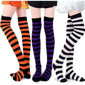 DHRUTI Halloween overknee-kousen, kniekousen, 3 paar, lange gestreepte sokken voor meisjes, dijhoge sokken, oranje, wit, paars, zwart, voor Halloween, cosplay, feestkostuum