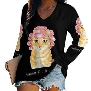 Grappige kat haar nieuwigheid vrouwen blouse tops V-hals tuniek t-shirt voor legging lange mouw casual trui