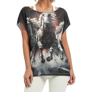 Abstracte kunst wit paard artwork vrouwen korte vleermuismouwen shirt ronde hals T-shirts losse tops voor meisjes, Patroon, XXL