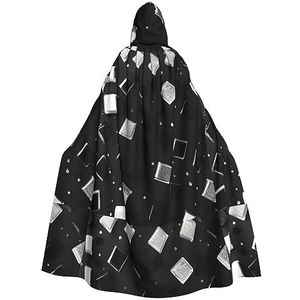 Bxzpzplj Zwart-witte glitter mantel met capuchon voor mannen en vrouwen, volledige lengte Halloween maskerade cape kostuum, 185 cm