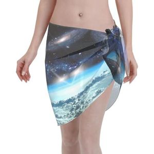 Space Planet Print Elegante Strandwrap, Bikini Cover Up, Badmode Jurk voor Vrouwen, Perfect voor Zwembad en Resort Zwart, Zwart, one size