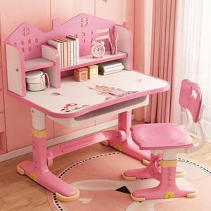 Kinderstudiebureau en stoelset, roze bureauset met verstelbare hoogte, laden en opslag, cartoonpatroon kinderen leertafels en stoelen voor kinderen, meisjes (roze)