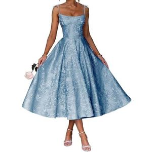 AHERKLL Spaghetti Bandjes Bruidsmeisjes Jurken Bloemen Satijn Jacquard Formele Avond Feest Maxi Jurk Thee Lengte HAH048, Dusty Blauw, 32