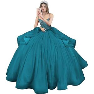 Fuomomo Quinceanera MT054 Jurken met spaghettibandjes, partyjurk met staart, Quinceanera kanten jurk met strik, Quinceanera tule met parels, Blauwgroen, 50/grote maten