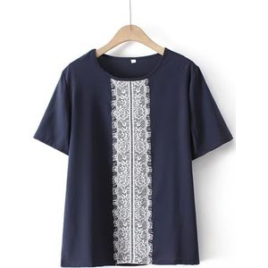 SDFGH O-hals T-shirts met korte mouwen Effen kleur Tops maten Dames T-shirt Zomer Kant Casual (Color : Blu, Size : 2X-Large)
