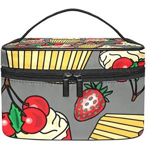 Cartoon zeeschildpadden schattig patroon blauwe achtergrond make-up tas voor vrouwen meisjes cosmetische tassen met handvat reizen make-up organizer tas, Heerlijk Cupcakes Cherry Aardbei Patroon, 8.9x5.9x5.4 Inches, Make-up zakje