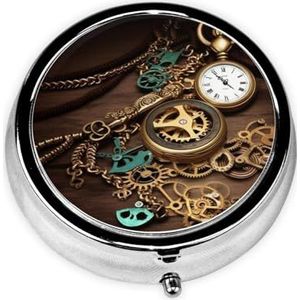 Pillendoos Steampunk Horloges Sleutels en Kettingen Ronde Pillenetui voor Portemonnee Pocket 3 Compartiment Medicine Pil Organizer Kleine Metalen Pil Container Houder Draagbare Reizen Pillendoos om