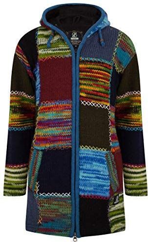 SHAKALOHA - Lang Patchwork Wollen vest - W Longpatch Multi voor dames - Eerlijk geproduceerd in Nepal met volledige fleece binnenvoering en afritsbare capuchon. Bonte felle kleuren. Warm. - S