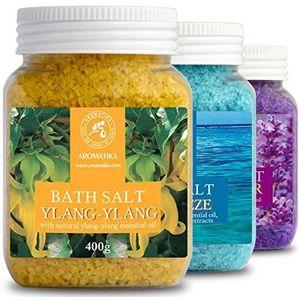 Badzout Cadeauverpakking 3x400g - met Lavendel - Sea Breeze en Ylang-Ylang - Zeezout Tegen Acne - Droge Huid - Spierpijn - Vermoeidheid - Huidverzorging - Anti-Stress - Bad - Wellness - Ontspanning