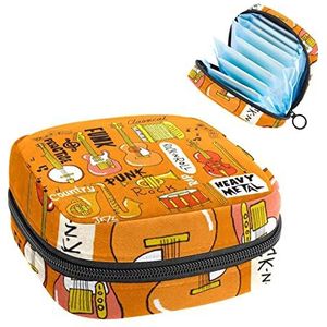 Hand getrokken muziekinstrument Rock Jazz,Periode Pouch Draagbaar,Tampon Opbergtas,Tampon Houder voor Portemonnee Vrouwelijke Product Organizer, Meerkleurig, 4.7x6.6x6.6 in/12x17x17 cm