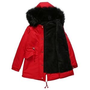 Sawmew Warme Trenchcoat Voor Dames, Winterjas Met Capuchon, Pluchen Jas, Parka Met Zak, Effen Windjack, Winddichte Jas, Imitatiebont, Warme Overgangsjas, Fleecejack Met Lange Mouwen (Color : Red, Si