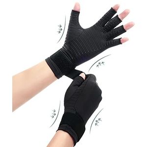 Koperen compressie-artritishandschoenen met riem, beste met koper doordrenkte handschoen voor dames en heren, vingerloze handschoen handpolsondersteuning voor carpaal tunnel, artritis, RSI,