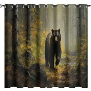 AEMYSKA Abstracte beer thermisch geïsoleerde kamer verduistering slaapkamer gordijnen zwart bos wild landschap rustieke print doorvoertule venster gordijn panelen/gordijnen 84x84 inch