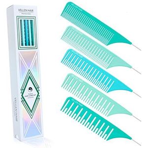 Vellen Hair Ultimate Haarkamset, hittebestendig, PEI-materiaal, 100 graden Celsius hittebestendig, professionele strengenkam, balayage-kam met extra lange roestvrijstalen naald, 5 maten (mint)