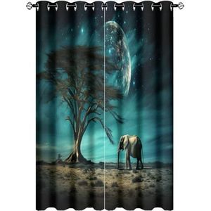 AEMYSKA Sterrennacht olifant verduisterende gordijnen voor woonkamer wild dier natuur raambehandeling thermisch geïsoleerde gordijnen voor slaapkamer 106,7 x 160 cm print doorvoertule gordijn