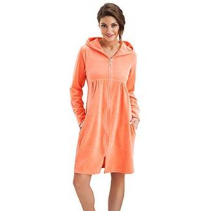 DOROTA Knuffelige en moderne katoenen damesbadjas met zakken, ritssluiting en capuchon, made in EU, koraalrood, S