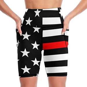 Brandweerman rode lijn vlag dames yoga biker shorts hoge taille workout broek met zakken