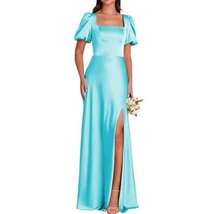 Satijnen galajurken met pofmouwen en split effen vloerlengte A-lijn korset formele avondjurk, Turkoois, 40