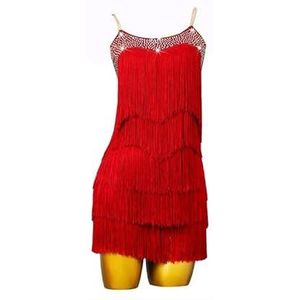 Yhwacyznm Latin dansjurken voor dames met gelaagde kwastjes Performance danskleding voor rumba en samba Chacha dansrok zonder rug Ballroom Salsa kleding,Rood,L