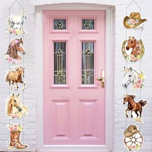 Fangleland Paardendeur banner decoraties voor meisje - westerse cowgirl veranda deurbord muur opknoping decoraties, roze bloem paard racen thema verjaardag babyshower feestartikelen