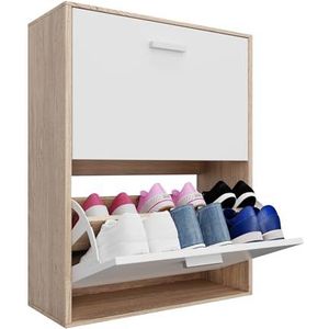 CASABEL Schoenenrek 12 paar – kast met grote capaciteit voor ingang, hal – L 60 x D 24 x H 80 cm – deuren wit frame van licht hout