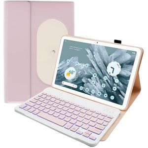 Toetsenbordhoes Voor Google Pixel Tablet 11"" 2023, 7-Kleuren Achtergrondverlichting, Afneembaar Draadloos Toetsenbord Met Penhouder, PU-Leren Hoes,Roze