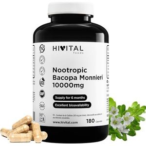 Nootropic Bacopa Monnieri 10000 mg. 180 capsules voor 6 maanden behandeling. Natuurlijk nootropisch middel met L-Tyrosine en Cafeïne. Gefabriceerd in Europa door HIVITAL