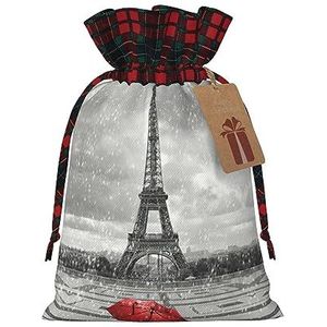 Feestelijke geschenkzakken met trekkoord voor meerdere gelegenheden - Betoverende kerst-, verjaardags- en snoepzakjes-Parijse toren met rode paraplu