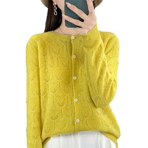 Dames Hollow Out Cardigan, Wolmix Gebreide Trui Met Knoopsluiting, Lange Mouwen en Losse Pasvorm(Yellow,XXL)