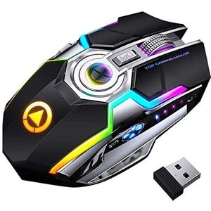 Stille draadloze gamingmuis, 2,4 GHz met USB-ontvanger, 1600 DPI 3 instelniveaus, oplaadbare RGB-achtergrondverlichte muis compatibel met pc, laptop (zwart)