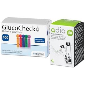 Diabetici voordeelpakket: adia 50 bloedsuikerteststrips + 100 bloedlancetten (universele lancetten) voor het meten van de bloedsuikerspiegel met de adia bloedglucosemeter