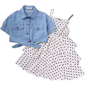 Peuter meisje zomer kleding denim blouse top shirt + polka dot peuter meisje jurken set meisje 2 stuk outfits (Color : White, Size : 6-7 Years)