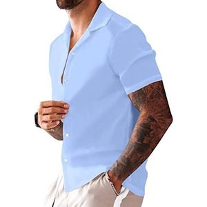 PMVRTHQV Heren Casual Button Top Wit M, Solid Light Blauw, one size