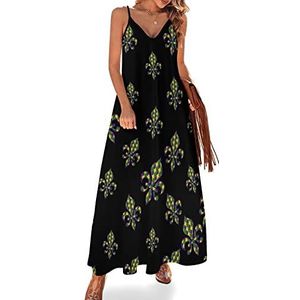 Mardi Gras Fleur De Lis Sling Maxi-jurk voor dames, V-hals, casual, mouwloos, verstelbare bandjes, sexy lange jurk